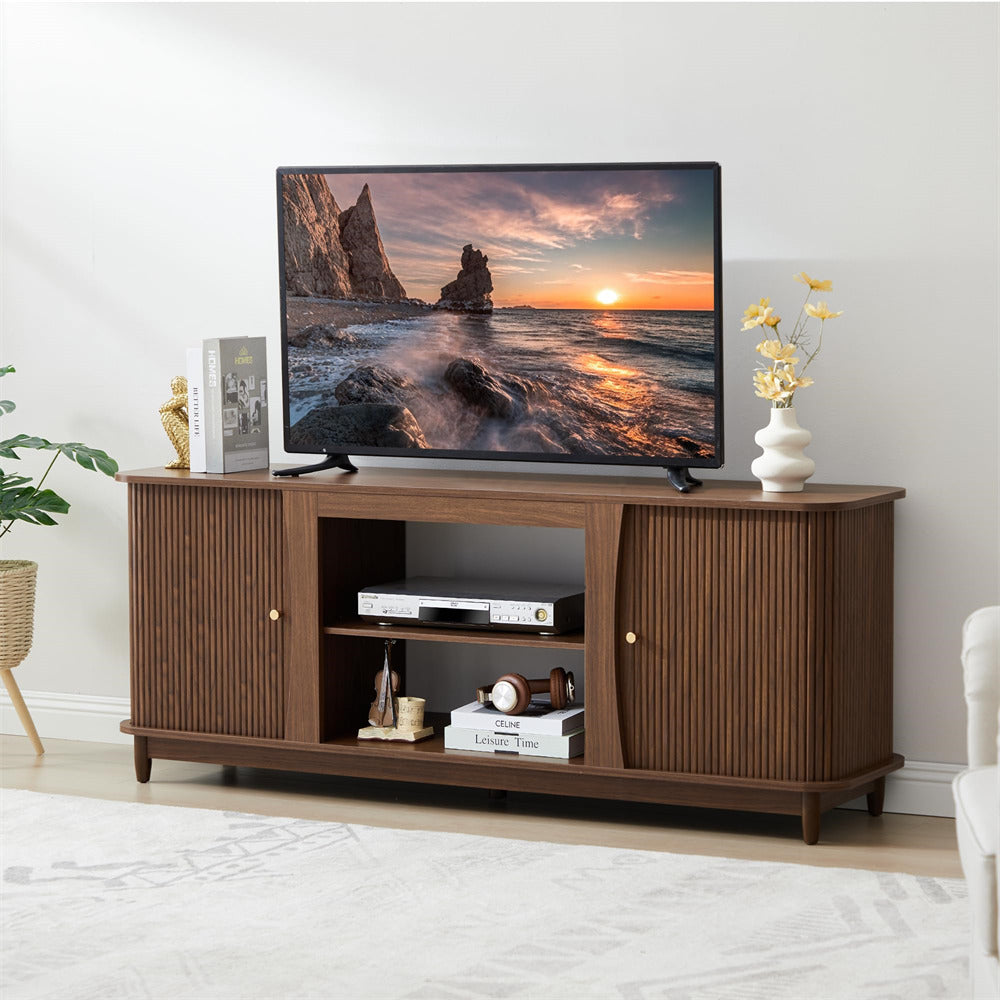 Walnut Fluted Fireplace TV Stand Media Console Table with Storage and Sliding Door