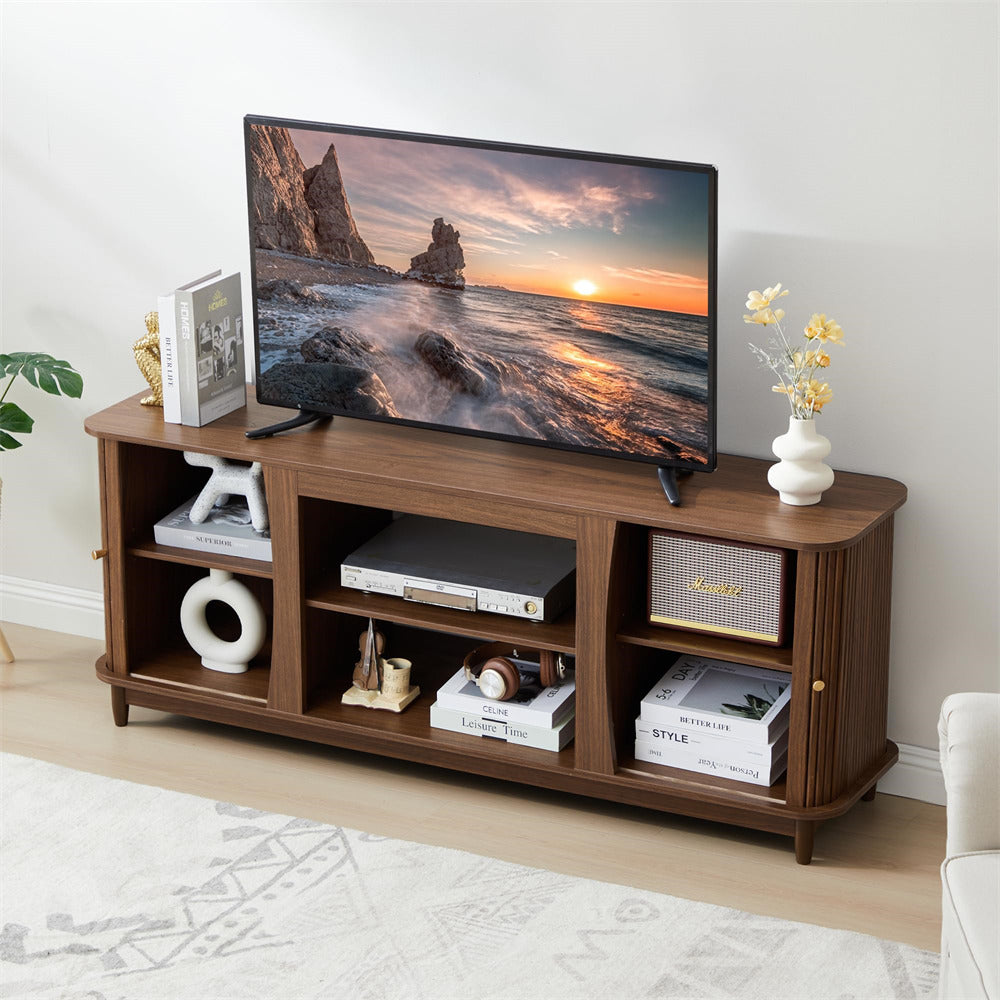 Walnut Fluted Fireplace TV Stand Media Console Table with Storage and Sliding Door