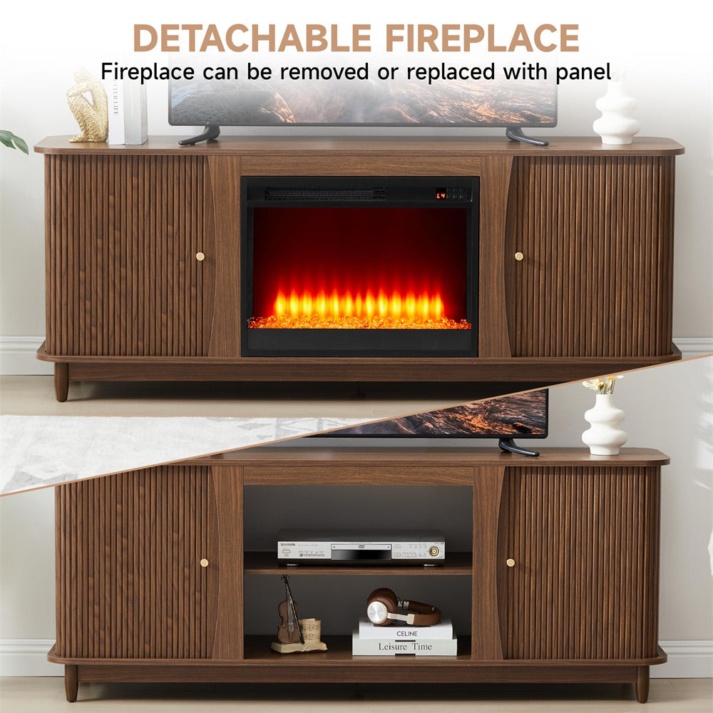 Wooden entertainment console with detachable fireplace insert and TV above.
