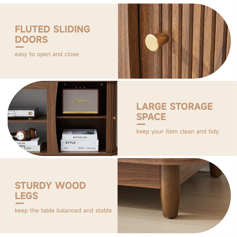 Walnut Fluted Fireplace TV Stand Media Console Table with Storage and Sliding Door