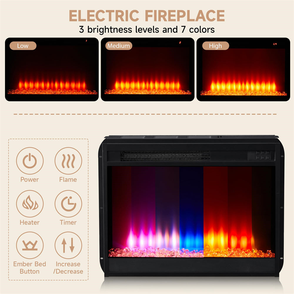 Electric fireplace with flame display and control buttons on a beige background