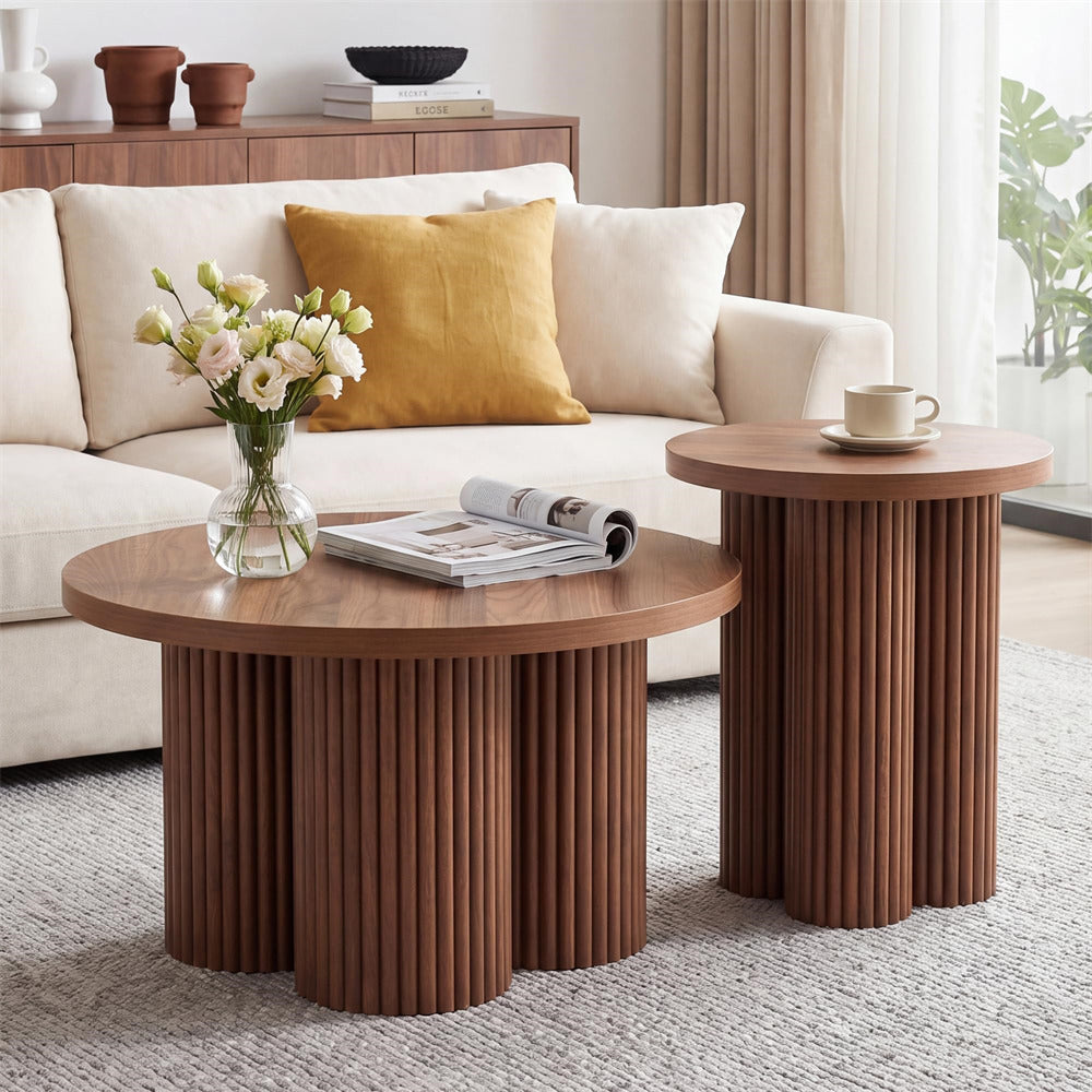 Walnut Fluted Nesting Round Coffee Table Set of 2 Wooden Center Table