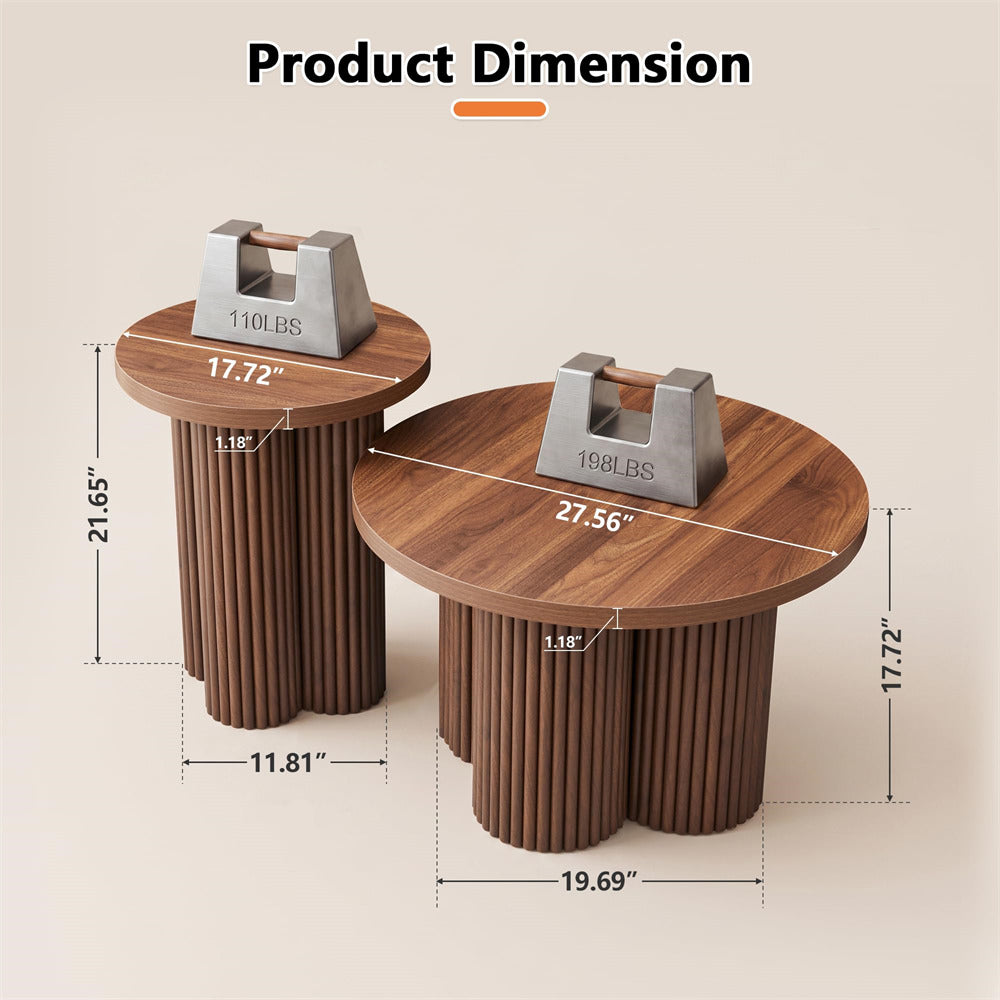 Two round nesting side tables with fluted pedestal bases and metallic weight plates on top, shown with overlaid dimension lines and text reading 'Product Dimension' on a light beige background.