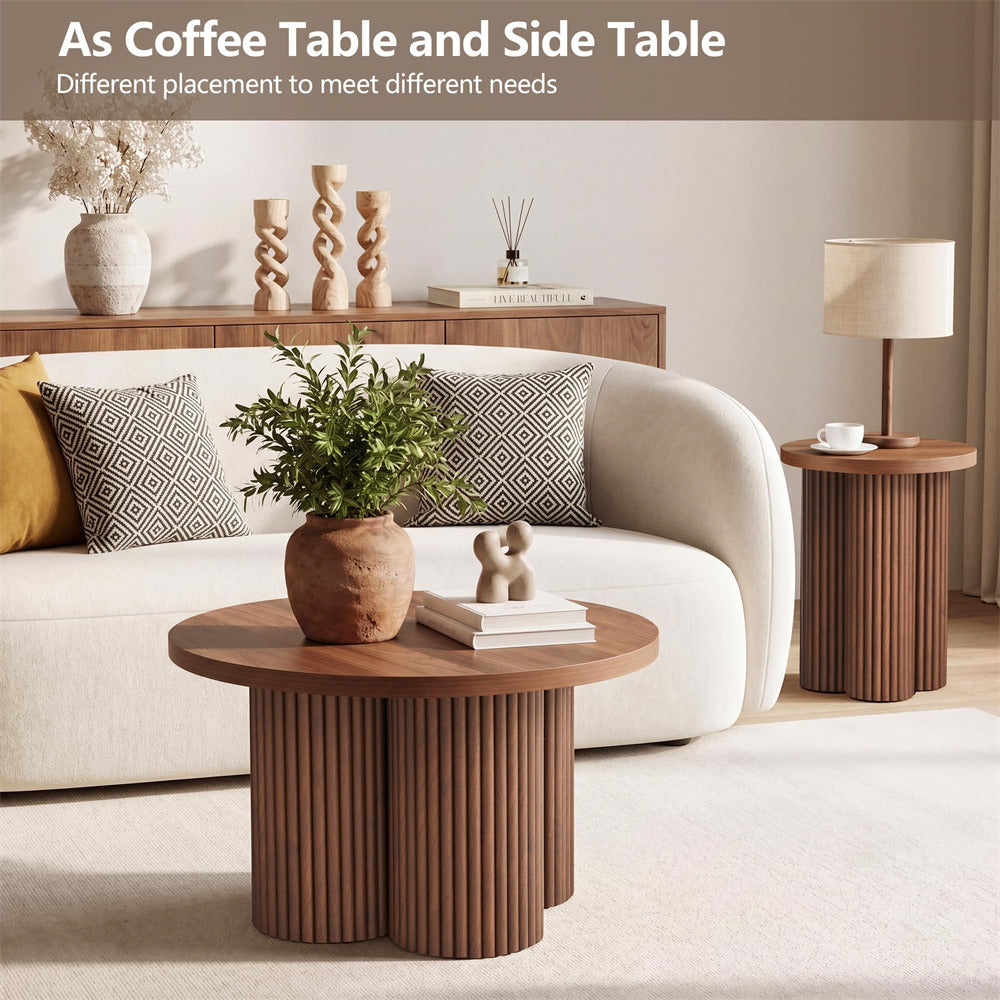 Walnut Fluted Nesting Round Coffee Table Set of 2 Wooden Center Table