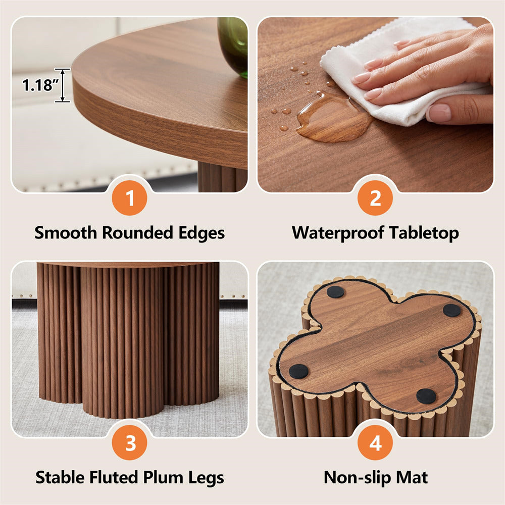 Four-panel feature graphic for a wooden table: rounded edges with a 1.18" thickness callout, a hand wiping water from the tabletop, fluted plump legs, and a non-slip mat.