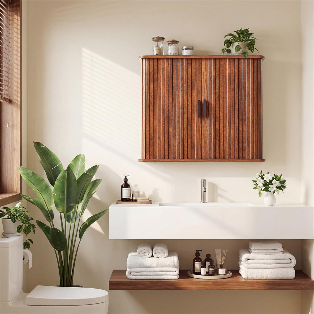 Walnut Fluted Wall Mounted Bathroom Cabinet with Sliding Doors