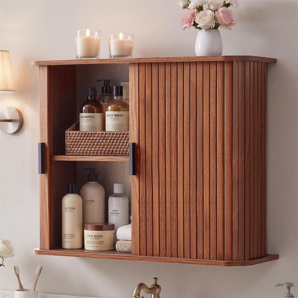 Walnut Fluted Wall Mounted Bathroom Cabinet with Sliding Doors
