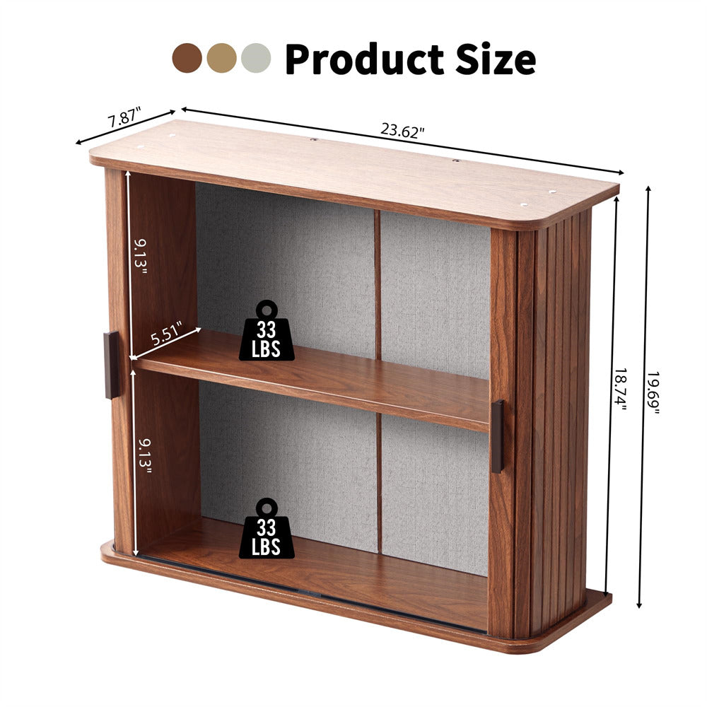 Walnut Fluted Wall Mounted Bathroom Cabinet with Sliding Doors
