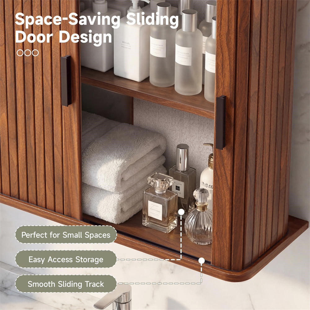 Walnut Fluted Wall Mounted Bathroom Cabinet with Sliding Doors