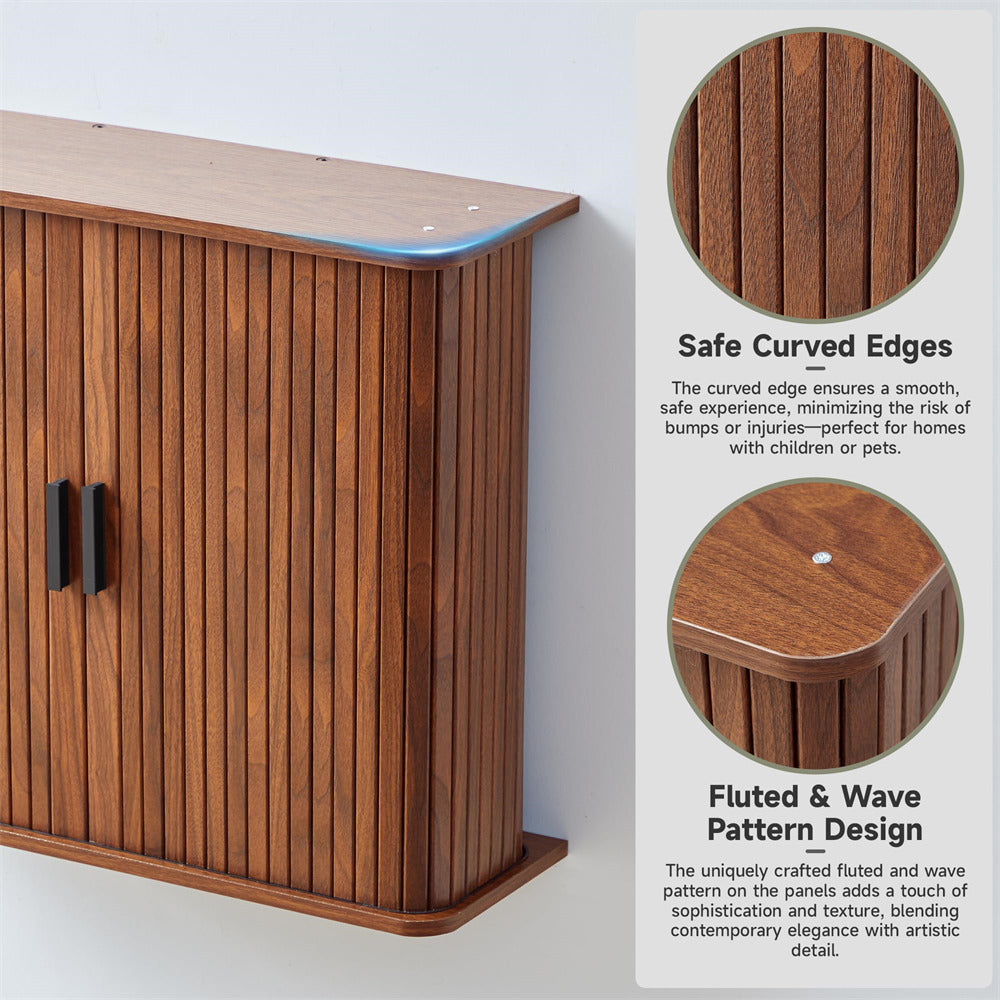Walnut Fluted Wall Mounted Bathroom Cabinet with Sliding Doors