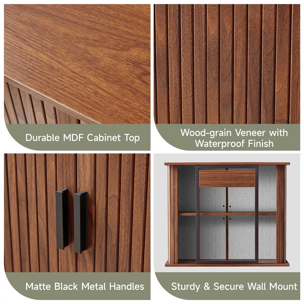 Walnut Fluted Wall Mounted Bathroom Cabinet with Sliding Doors