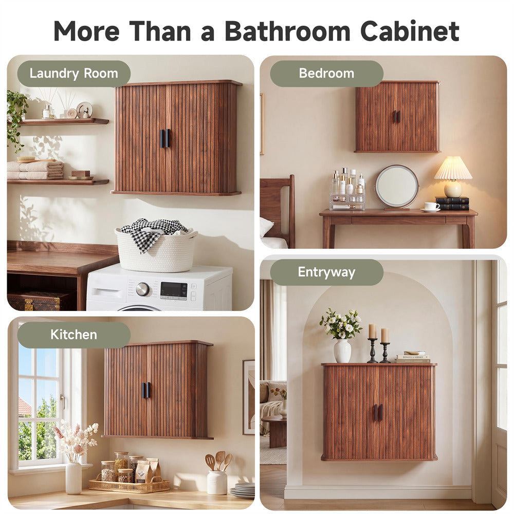Walnut Fluted Wall Mounted Bathroom Cabinet with Sliding Doors