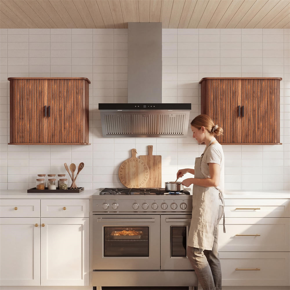 Walnut Fluted Wall Mounted Bathroom Cabinet with Sliding Doors