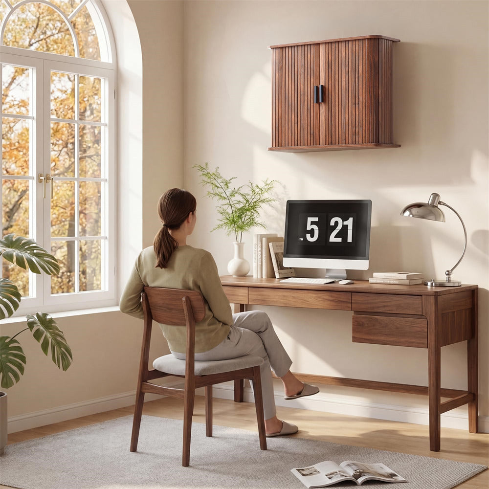 Walnut Fluted Wall Mounted Bathroom Cabinet with Sliding Doors
