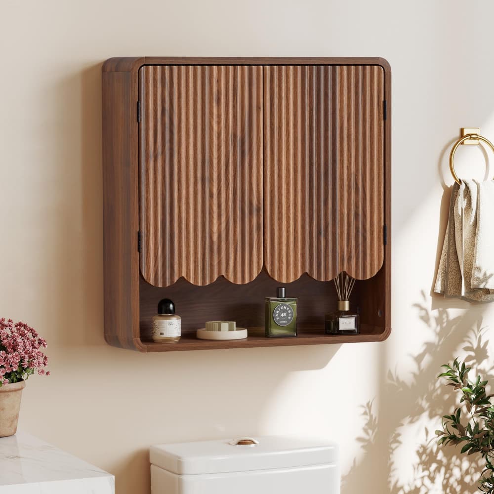 Walnut Fluted Wooden Bathroom Wall Cabinet Over The Toilet Storage Cabinet with Adjustable Shelf