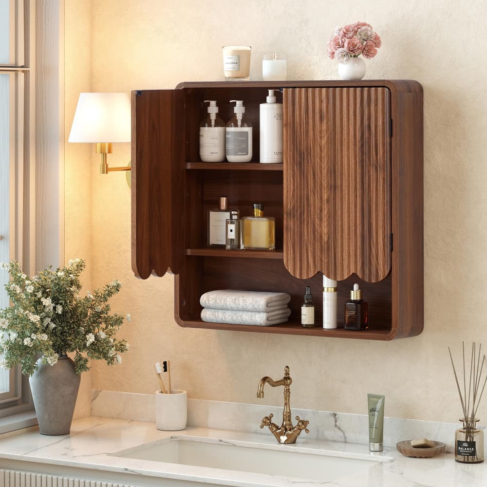 Walnut Fluted Wooden Bathroom Wall Cabinet Over The Toilet Storage Cabinet with Adjustable Shelf
