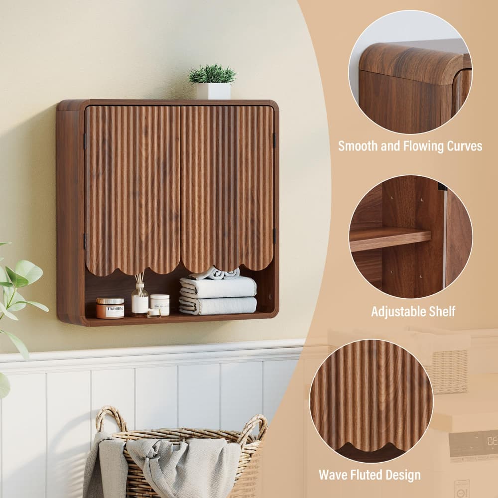 Walnut Fluted Wooden Bathroom Wall Cabinet Over The Toilet Storage Cabinet with Adjustable Shelf