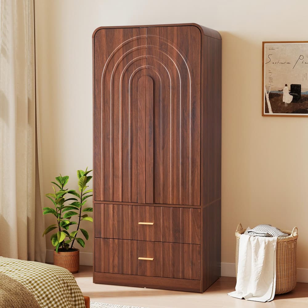 Walnut Freestanding Armoire Wardrobe Closet with Arched Fluted 2 Doors and 2 Storage Drawers