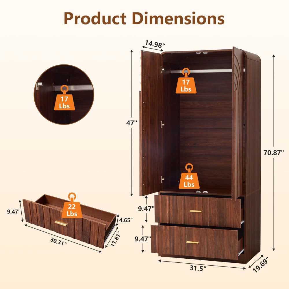Walnut Freestanding Armoire Wardrobe Closet with Arched Fluted 2 Doors and 2 Storage Drawers Size