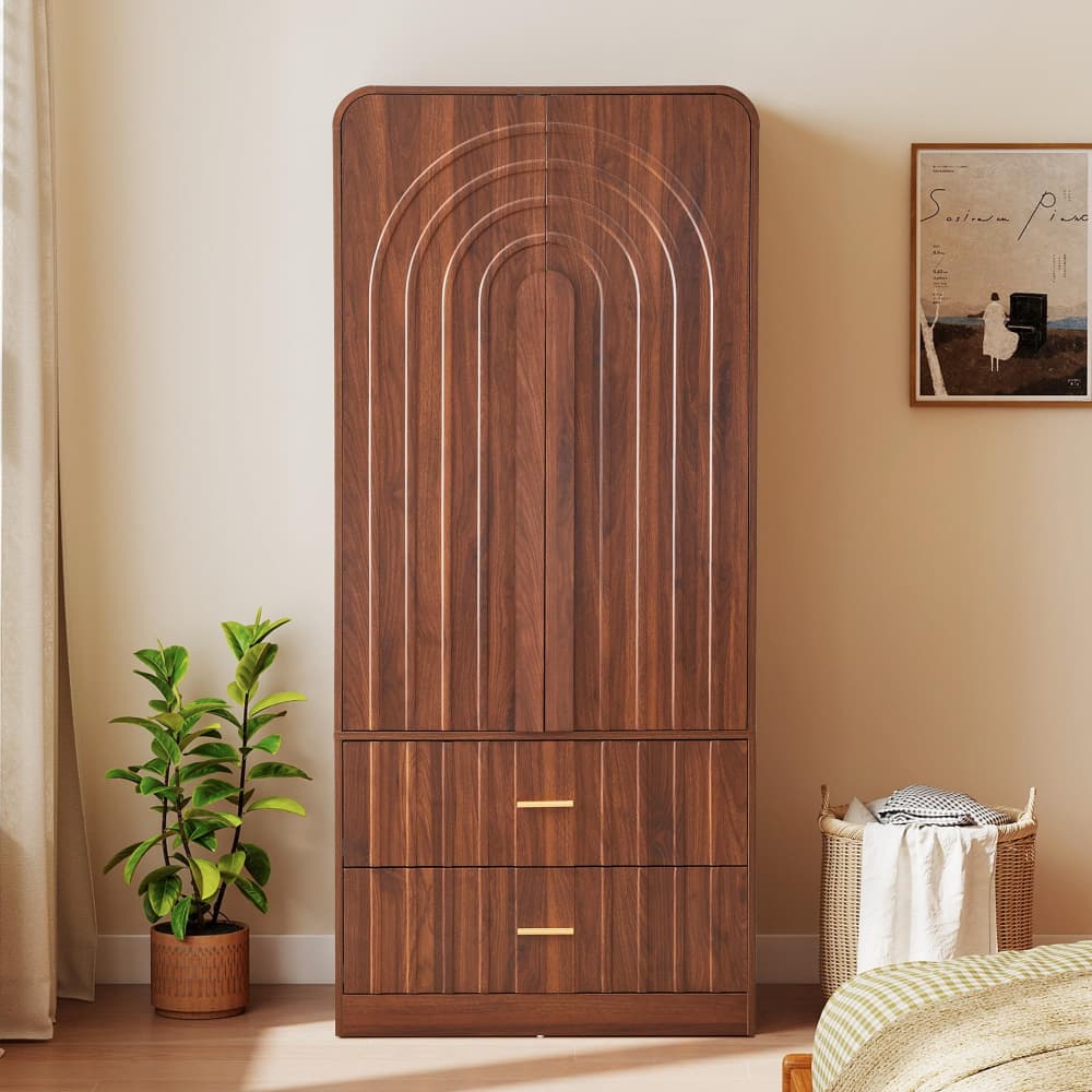 Walnut Freestanding Armoire Wardrobe Closet with Arched Fluted 2 Doors and 2 Storage Drawers