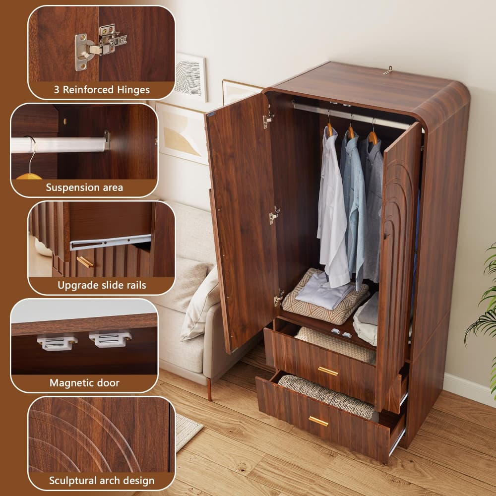 Walnut Freestanding Armoire Wardrobe Closet with Arched Fluted 2 Doors and 2 Storage Drawers