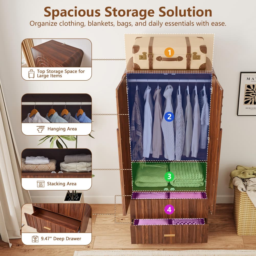Walnut Freestanding Armoire Wardrobe Closet with Arched Fluted 2 Doors and 2 Storage Drawers