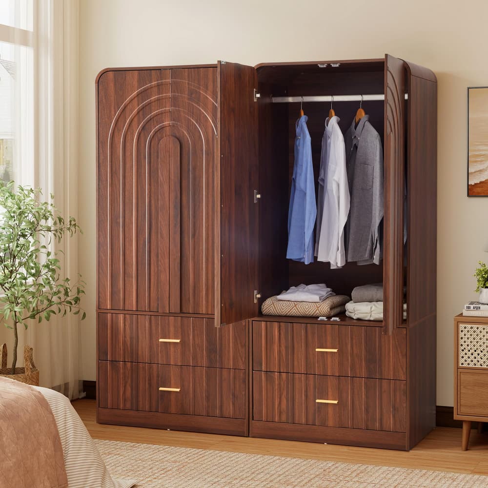 Walnut Freestanding Armoire Wardrobe Closet with Arched Fluted 2 Doors and 2 Storage Drawers