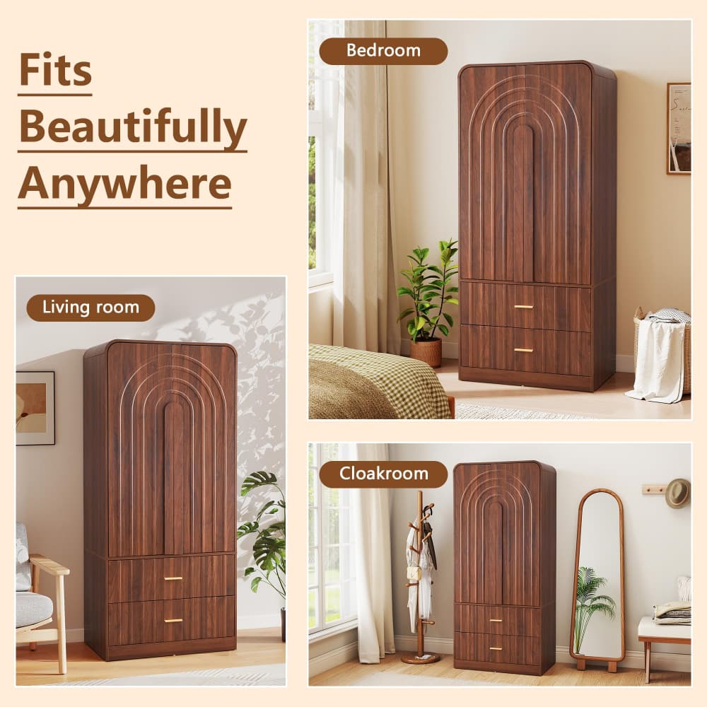 Walnut Freestanding Armoire Wardrobe Closet with Arched Fluted 2 Doors and 2 Storage Drawers