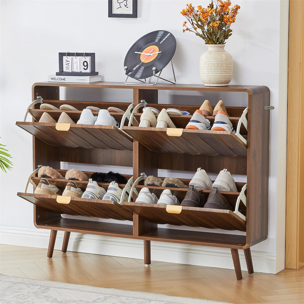Wooden shoe rack with shoes on a wooden floor in a room.