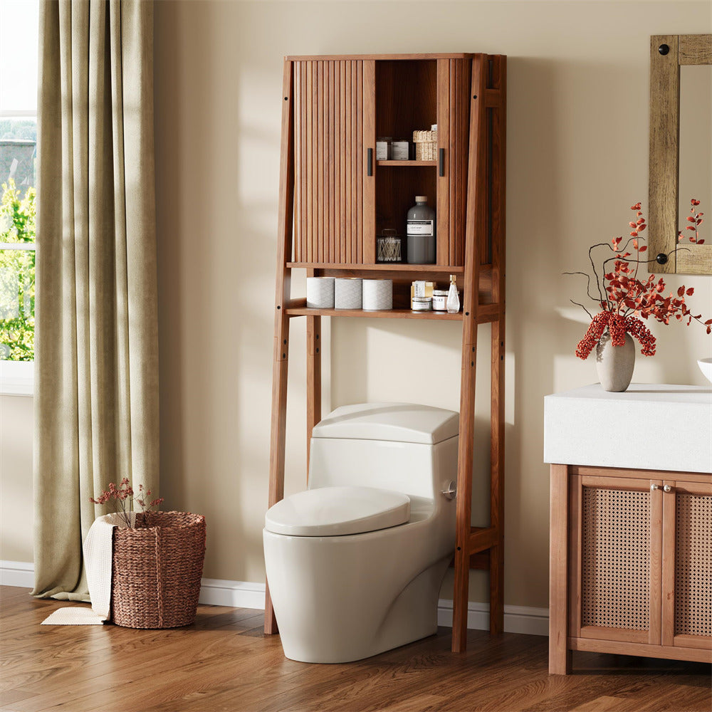 Walnut Freestanding Over Toilet Storage Rack Wall-Anchored Wooden Storage Cabinet