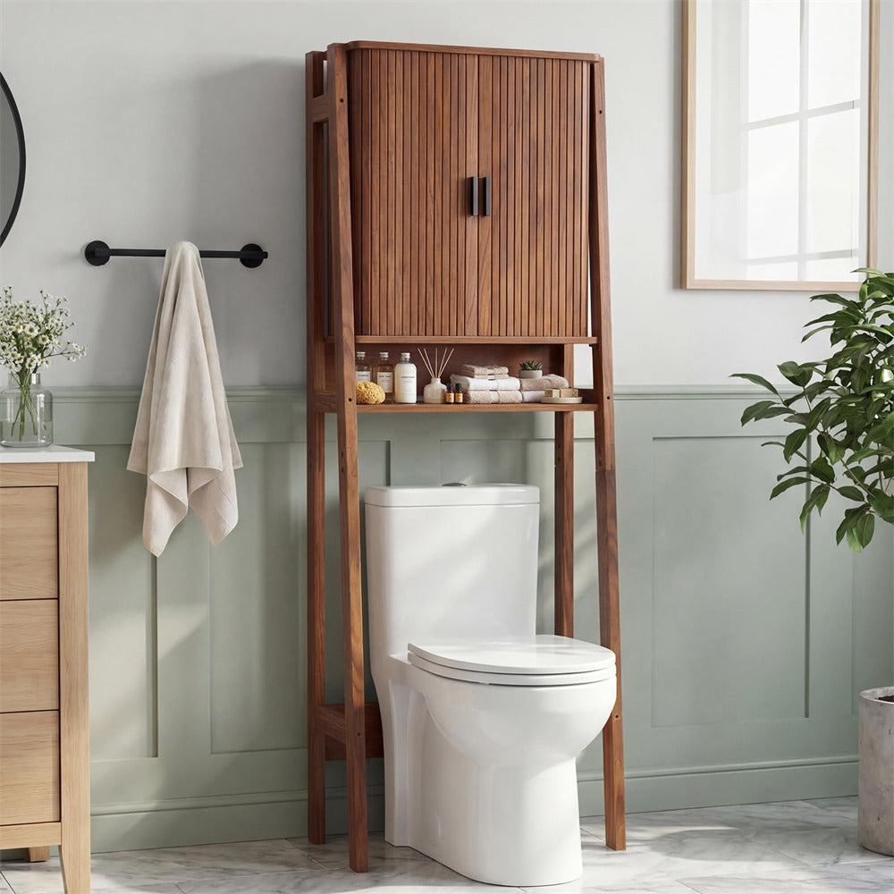 Walnut Freestanding Over Toilet Storage Rack Wall-Anchored Wooden Storage Cabinet