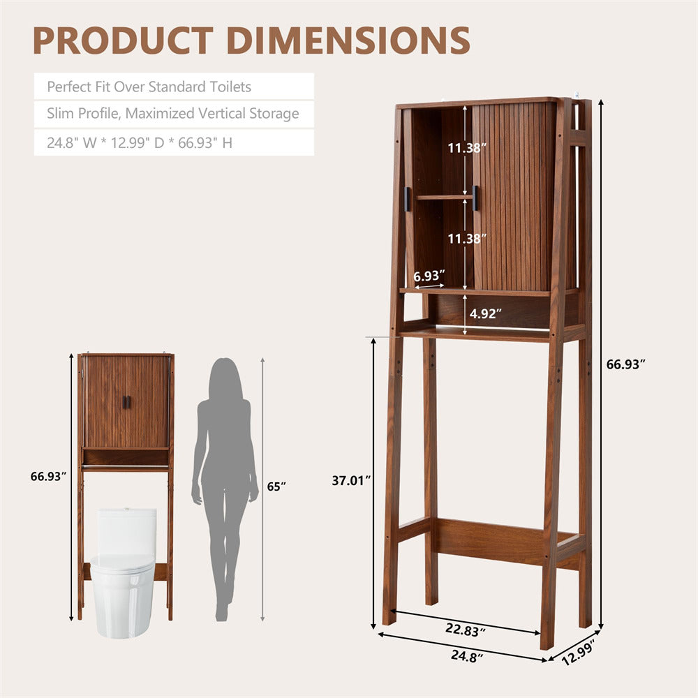 Walnut Freestanding Over Toilet Storage Rack Wall-Anchored Wooden Storage Cabinet Size
