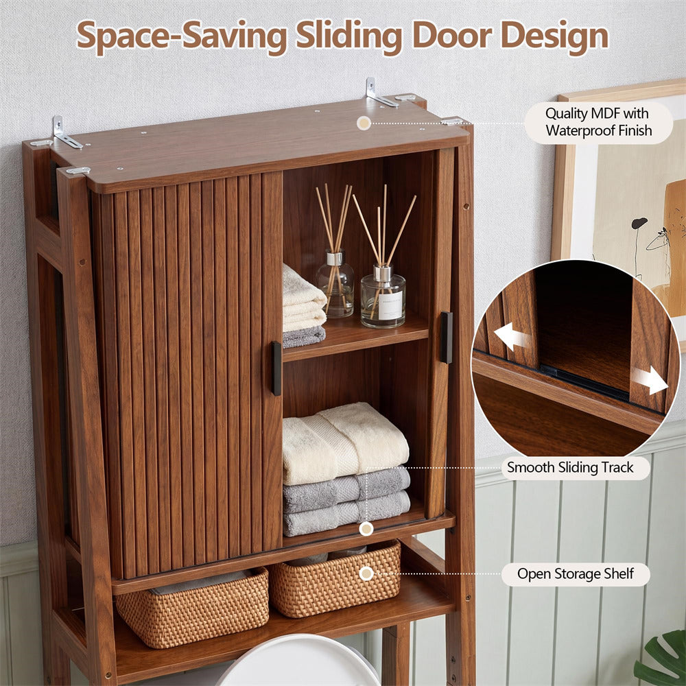 Walnut Freestanding Over Toilet Storage Rack Wall-Anchored Wooden Storage Cabinet