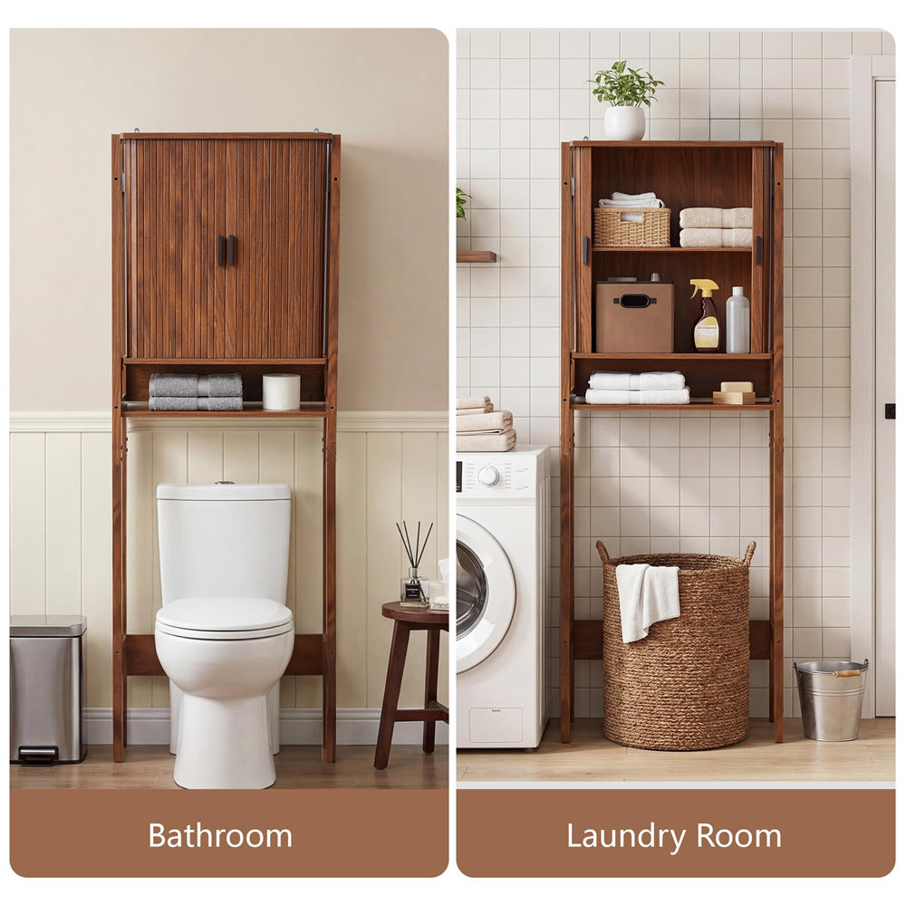 Walnut Freestanding Over Toilet Storage Rack Wall-Anchored Wooden Storage Cabinet