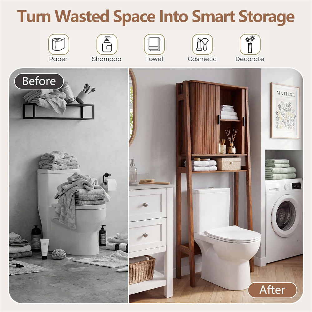 Walnut Freestanding Over Toilet Storage Rack Wall-Anchored Wooden Storage Cabinet