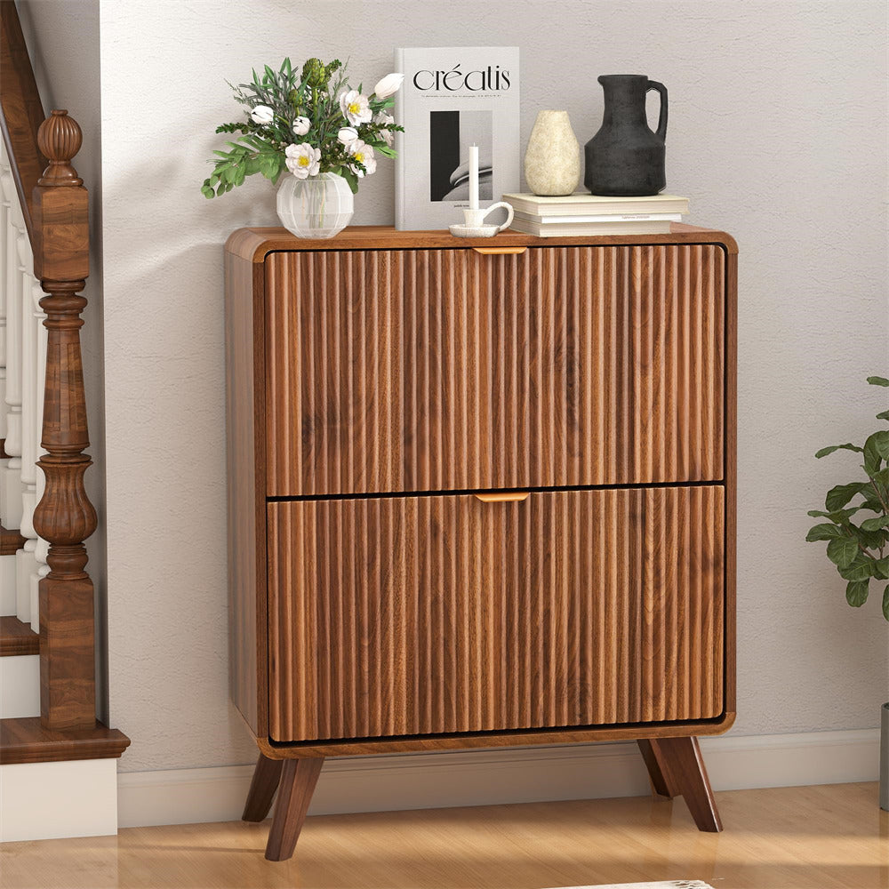 Wooden cabinet with decorative items on a light gray wall background