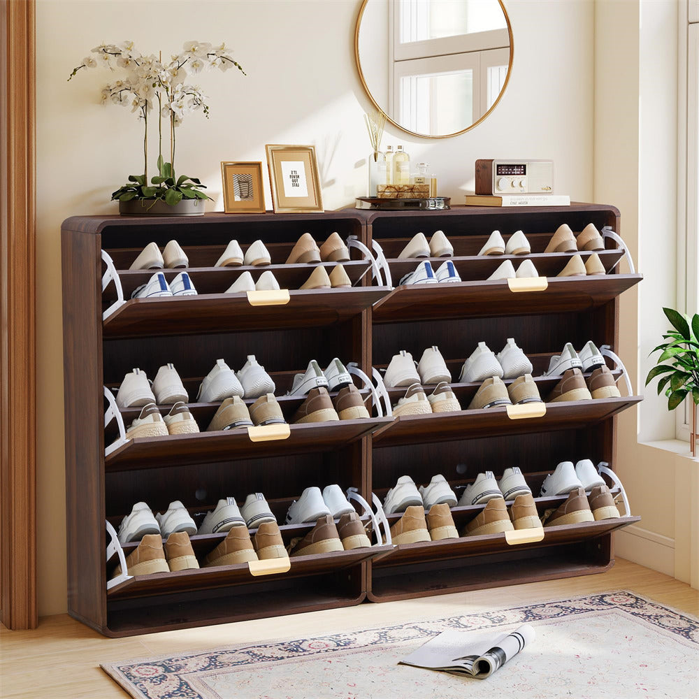 Wooden shoe rack with neatly arranged shoes in a room with a mirror and plants.