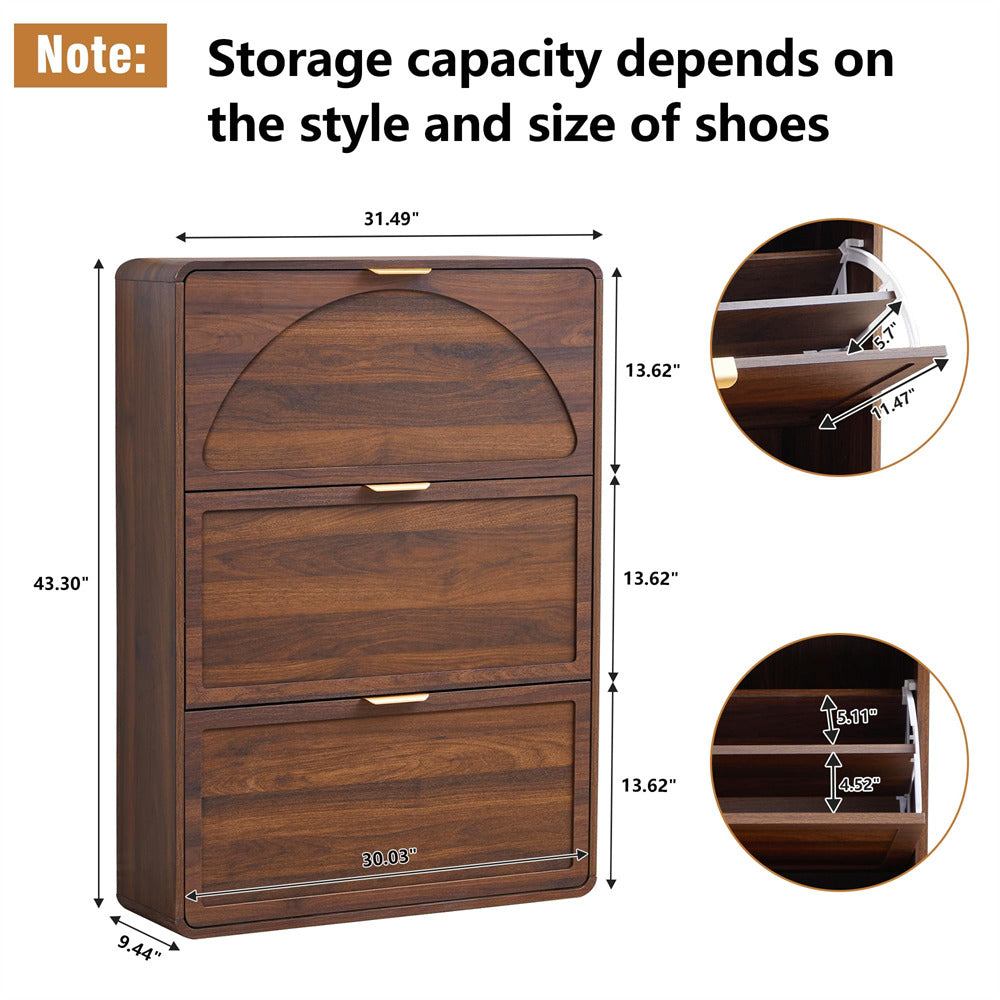 Wooden shoe cabinet with dimensions and shoe storage capacity details.