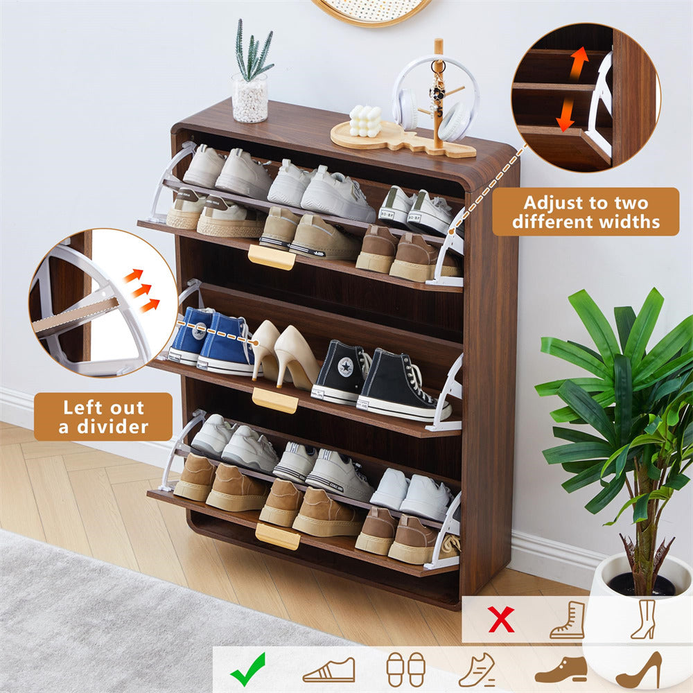 Wooden shoe rack with adjustable shelves displaying various shoes, surrounded by decorative elements.
