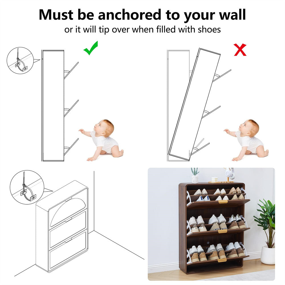 Shoe rack with safety instructions for anchoring to a wall, showing correct and incorrect methods.