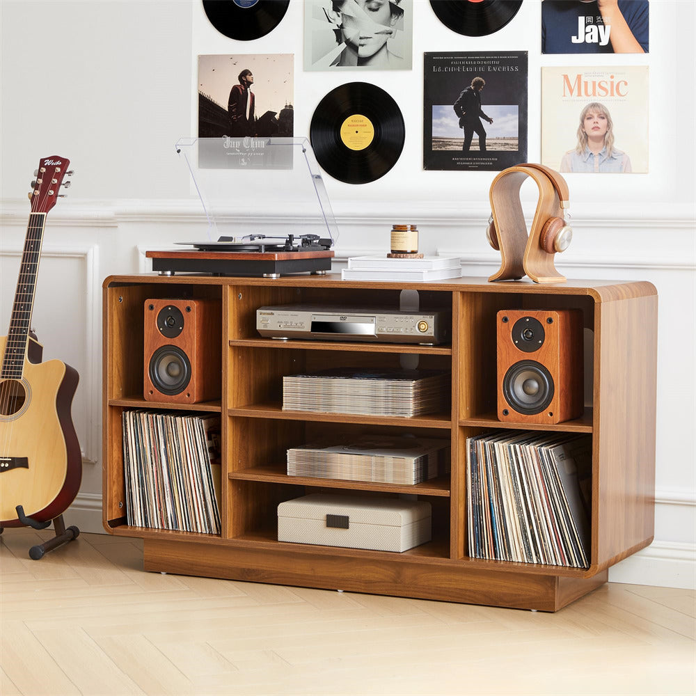 Walnut Large Record Player Stand 5-Tier Media Stereo Cabinet with Adjustable Shelves