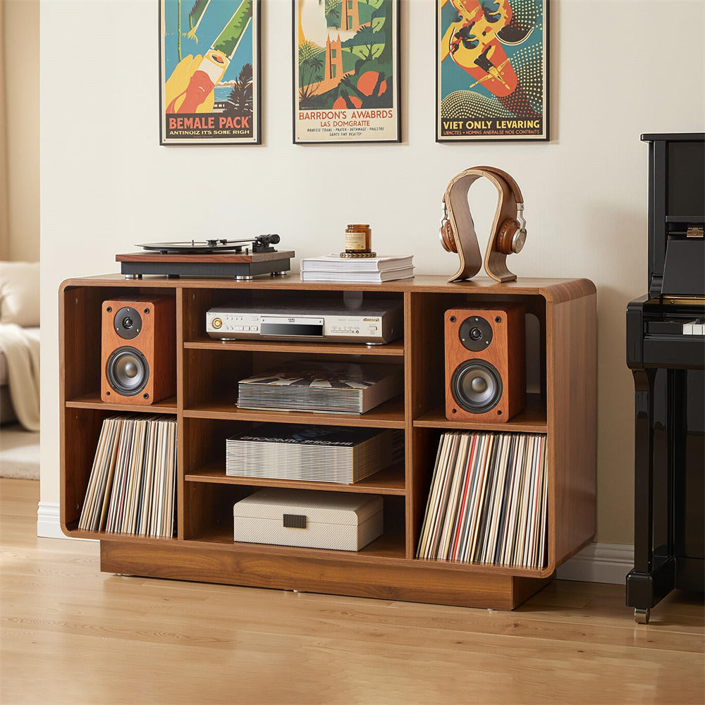 Walnut Large Record Player Stand 5-Tier Media Stereo Cabinet with Adjustable Shelves
