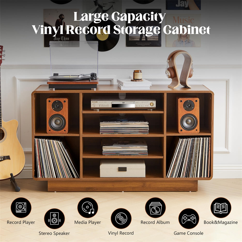 Walnut Large Record Player Stand 5-Tier Media Stereo Cabinet with Adjustable Shelves
