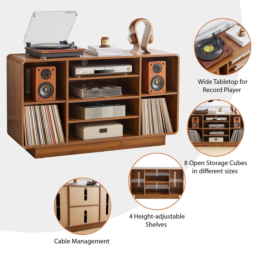 Walnut Large Record Player Stand 5-Tier Media Stereo Cabinet with Adjustable Shelves