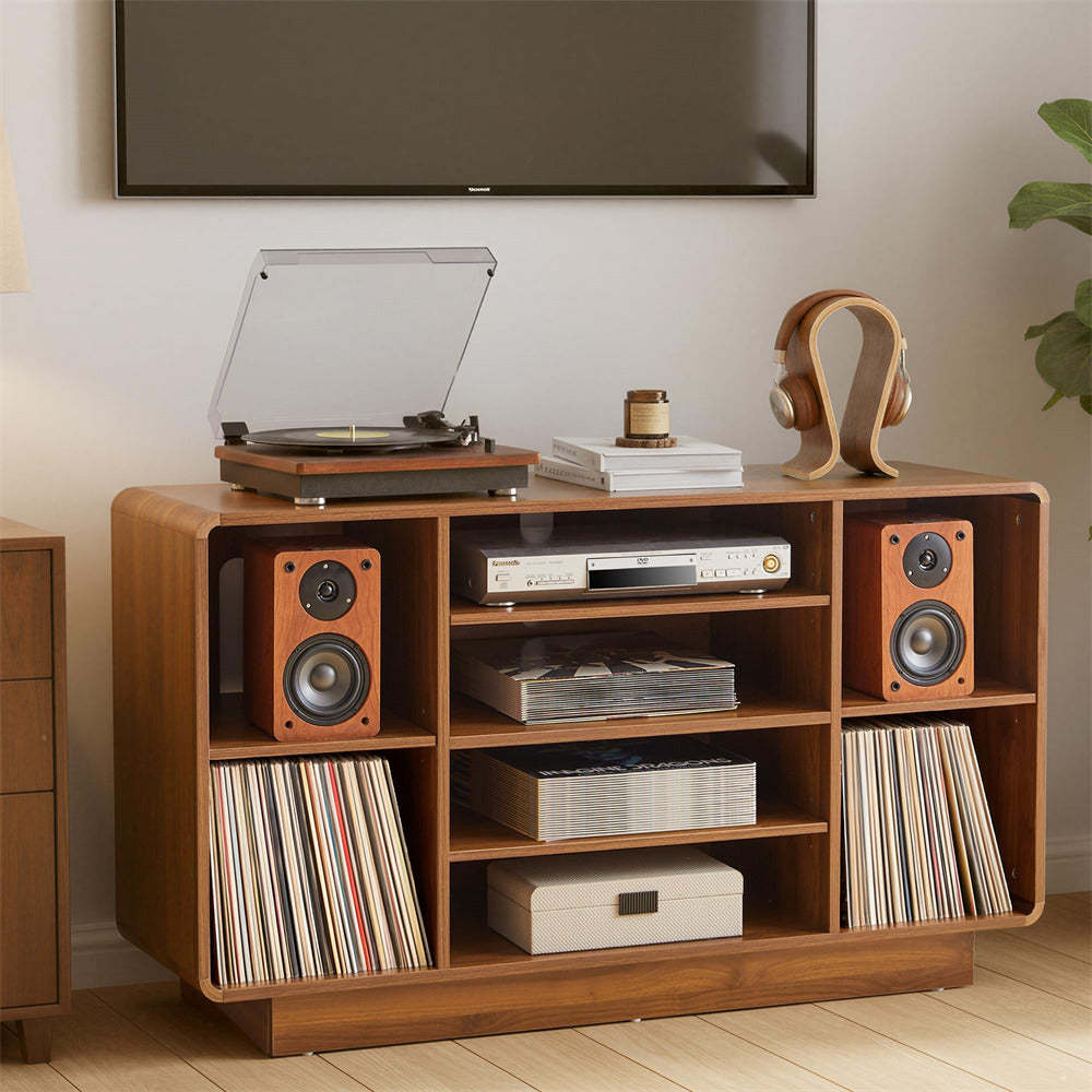 Walnut Large Record Player Stand 5-Tier Media Stereo Cabinet with Adjustable Shelves