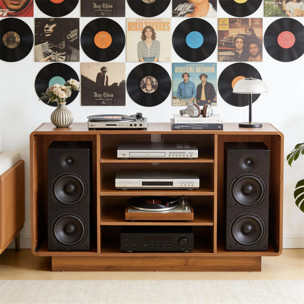 Walnut Large Record Player Stand 5-Tier Media Stereo Cabinet with Adjustable Shelves