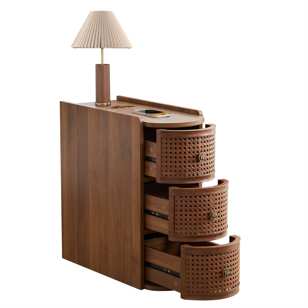 Walnut Metal Rattan Narrow End Table Small Nightstand with Power Outlets and USB Ports