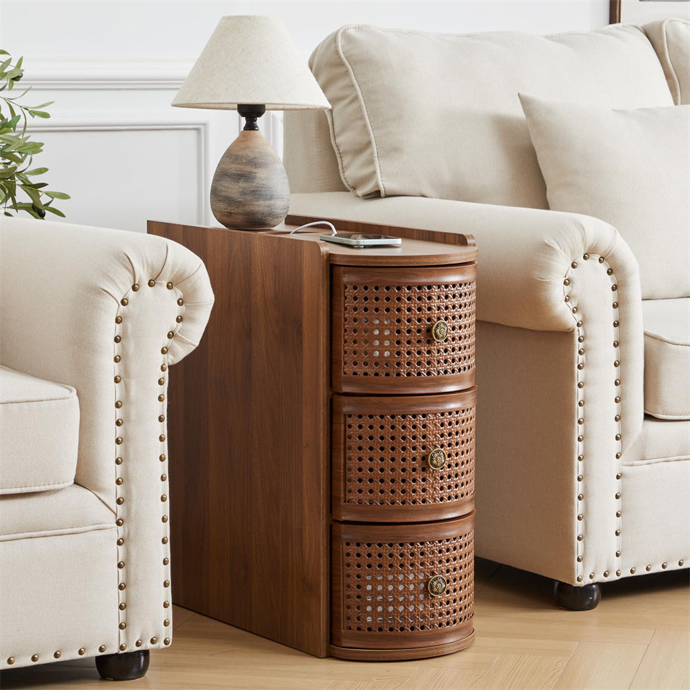 Walnut Metal Rattan Narrow End Table Small Nightstand with Power Outlets and USB Ports