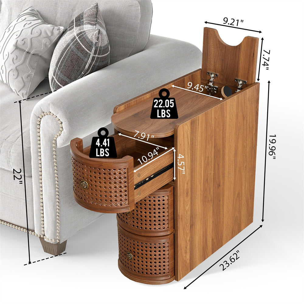 Wooden side table with storage compartments and measurements next to a sofa.