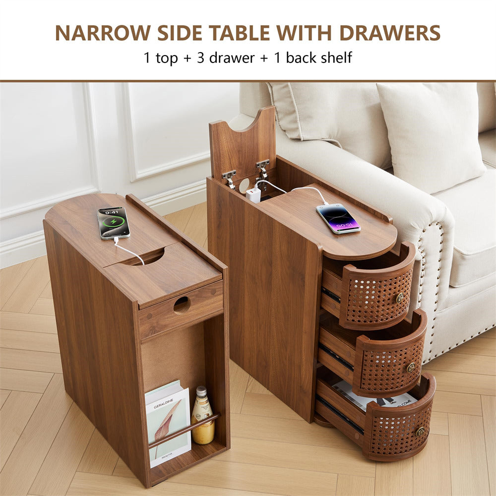 Narrow side table with drawers and a back shelf in a living room setting.